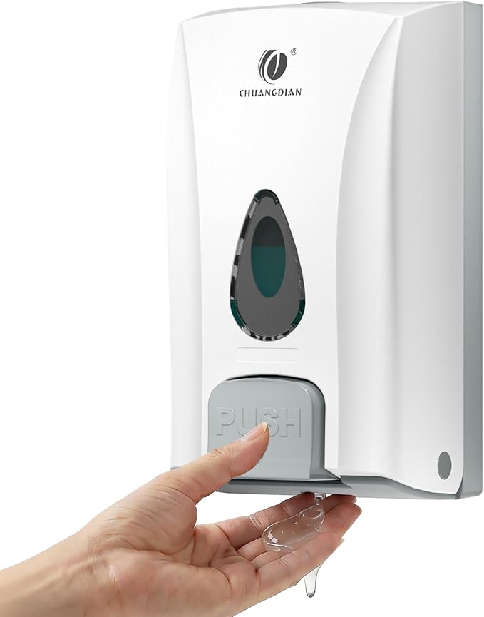 Hand Soap Dispenser Wall Mount No Drill 33.8oz/1000ml Manual Liquid Soap Dispenser Bathroom Large Capacity Commercial Shower Dispenser No Drill Restaurants Home Office, White
