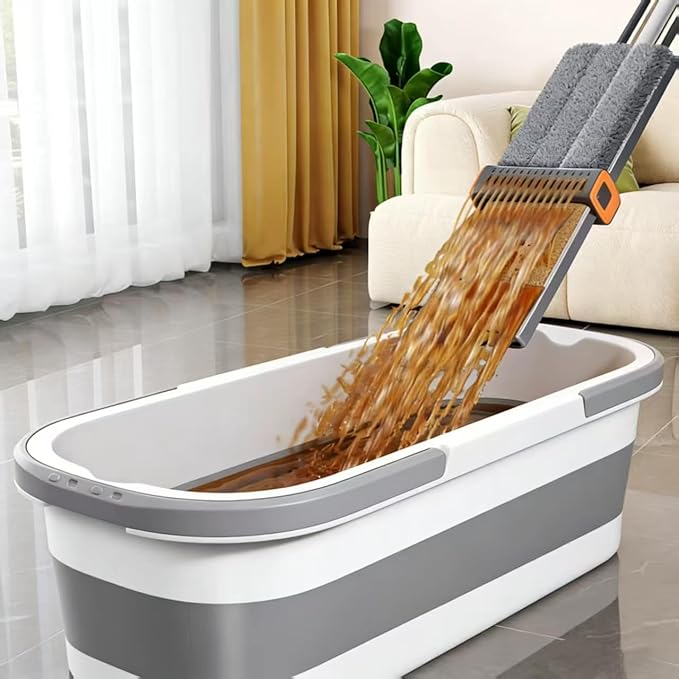 Large Flat Mop and Scalable Bucket with Wheels, 360 Rotating Microfiber Dust Mop with Dewatering Scraper, 54" Adjustable Stainless Steel (1 Mop + 4 Microfiber Pads + 1 Bucket)