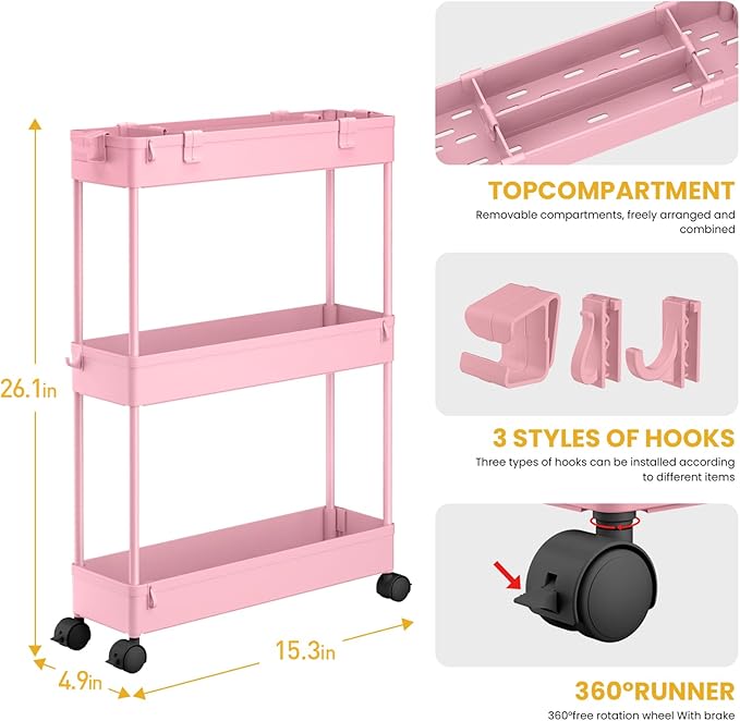 SPACELEAD Slim Storage Cart 3 Tier,Bathroom Organizer Rolling Utility,Mobile Shelving Unit Slide Out for Office, Kitchen, Laundry Room & Narrow Places,Pink