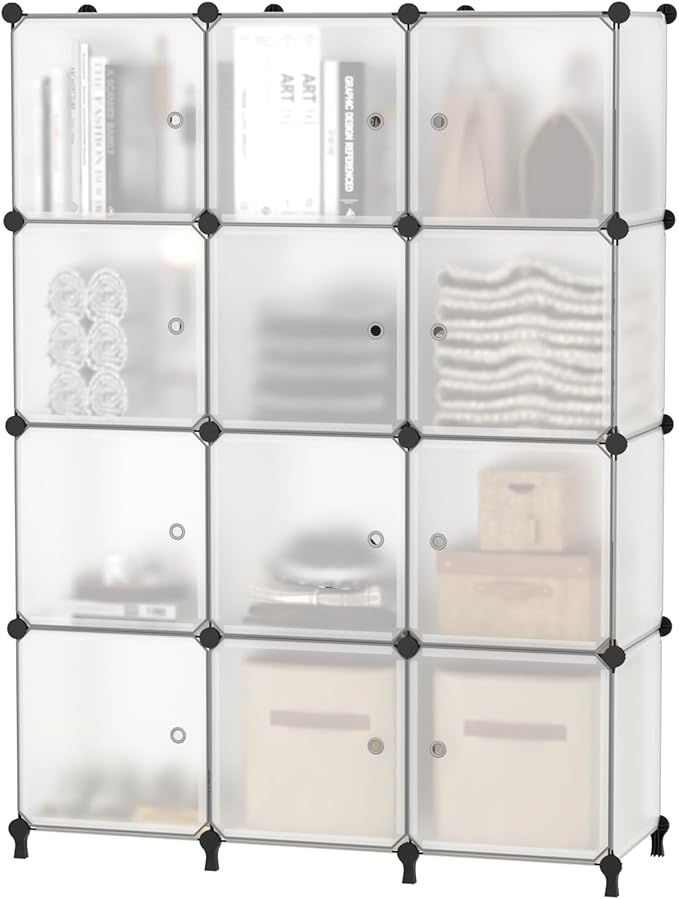 AWTATOS 12 Cube Storage Organizer, DIY Plastic Storage Shelf, Modular Storage Bookshelf, Stackable Storage Shelving Rack for Home Office, Translucent ULPZ011