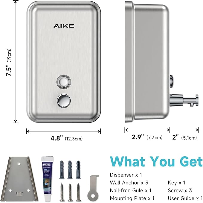 AIKE Nail-Free Glue Wall Mount Stainless Steel Soap Dispenser, 37oz for Commercial Brushed Stianless Steel Finish,Model AK1003