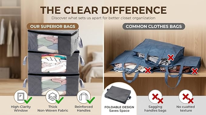Storage Clothes Bins Closet Bags - 35L Containers Organizer Boxes Clothing Bin Organization for Organizing Blanket Pillow Sheet Sweater, Foldable Bedroom Small Storage Totes With Lids Zipper, 6pc Pack