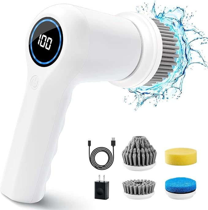 Electric Spin Scrubber, Power Scrubber Cordless Electric Shower with 4 Replaceable Shower Cleaning Brush Heads Rechargeable for Cleaning Tub,Tile,Floor, Sink, Window, Stove