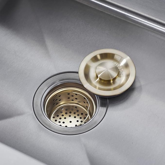 Kitchen Sink Drain Basket Strainer Filter/Stopper with Handle, Anti-Clog Accessory, 304 Stainless Steel, Brushed Gold, 1pc (Drain Stopper