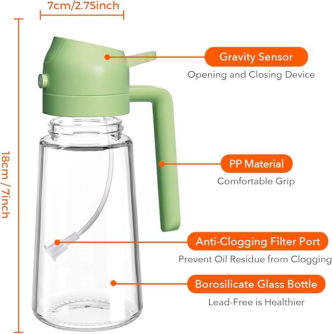 YARRAMATE Olive Oil Dispenser, 2 in 1 Oil Sprayer for Cooking, 16oz/470ml Glass Oil Spray Bottle with Pourer