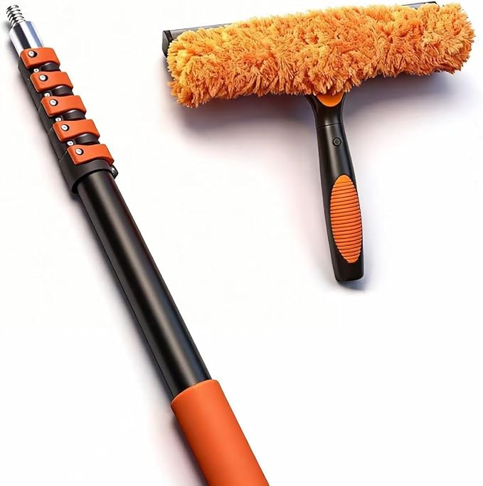 30FT High Window Cleaning Kit, 5-24 FT Telescoping Extension Pole with Dual Action Flip-Lock & Screw Fixing Design, 2-in-1 Window Squeegee