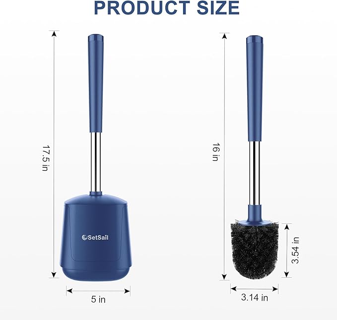 SetSail Toilet Brush and Holder 4 Pack, Self Closing Lid Toilet Bowl Brushes Holder Extra Long Handle Ventilated Toilet Brush Set for Bathroom Cleaning, Nylon Bristles, Dark & Blue