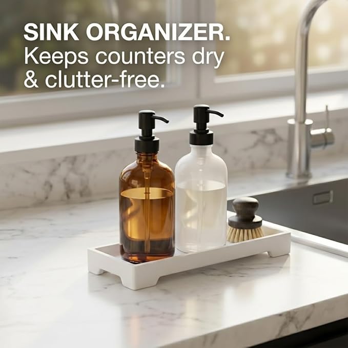 Countertop Vanity Tray - Silicone Bathroom Sink Organizer & Kitchen Soap Tray, Footed Anti-Slip Design, Waterproof Caddy for Perfume, Jewelry, Makeup, Bottle, Oil, Sponge Holder, White (L10 x W 4.2")