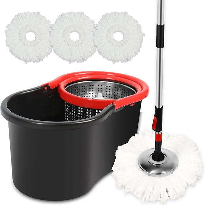 Spin Mop and Bucket Set, 360° Spinning Mop and Bucket System, for Mop Floor Cleaning, with 3 Microfiber Mop Replacement Heads and 61" Stainless Steel Adjustable Handle