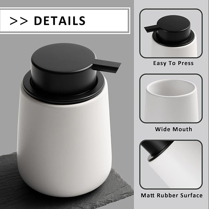 Soap Dispenser Ceramic with Easy-to-Press Pump Hand Lotion Liquid Dispenser for Shampoo Bathroom Kitchen 12 oz Blackwhite