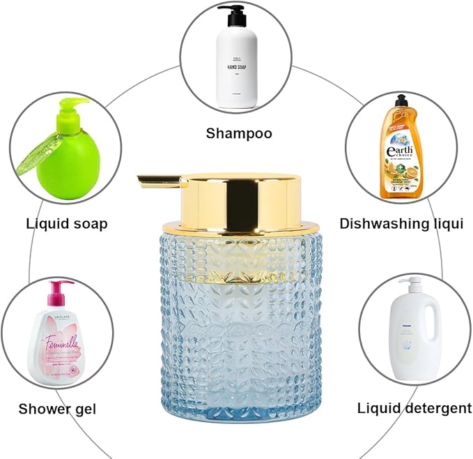 Foaming Soap Dispenser, 2pcs Blue Glass Foam Soap Dispenser with Gold Pump, Refillable 10oz Lotion Liquid Container Pump Bottle for Bathroom Kitchen Countertop