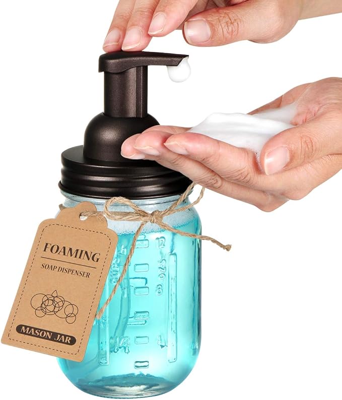 SheeChung Mason Jar Foaming Soap Dispenser-Rustproof Stainless Steel Lid & Foaming Soap Pump, Refill Foam Hand Soap Dispenser Glass for Bathroom Kitchen Vanities, Countertops-Bronze (2 pk)