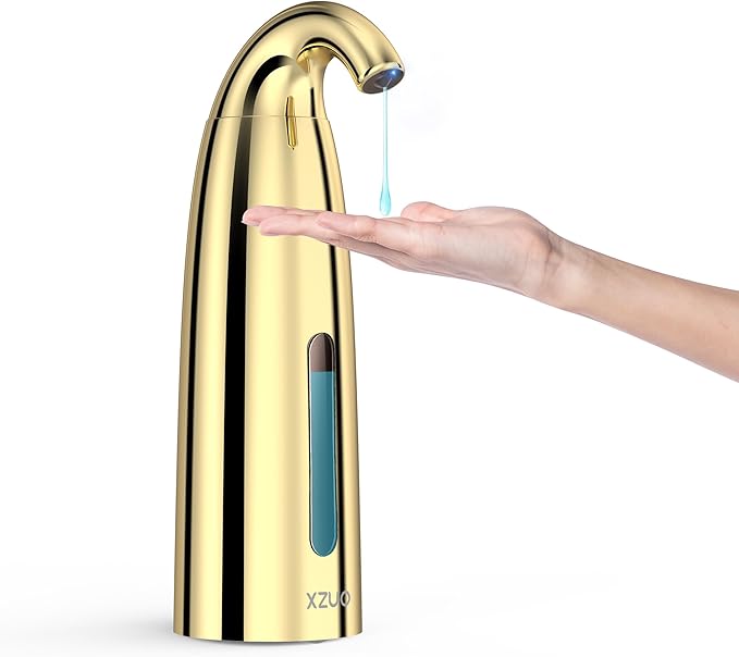Automatic Soap Dispenser with Infrared Sensor - Adjustable 4-Level Touchless Hand Soap for Kitchen, Bathroom - Battery Operated Electric Dispenser, Durable Plastic, Smart Soap Holder (Battery Gold)