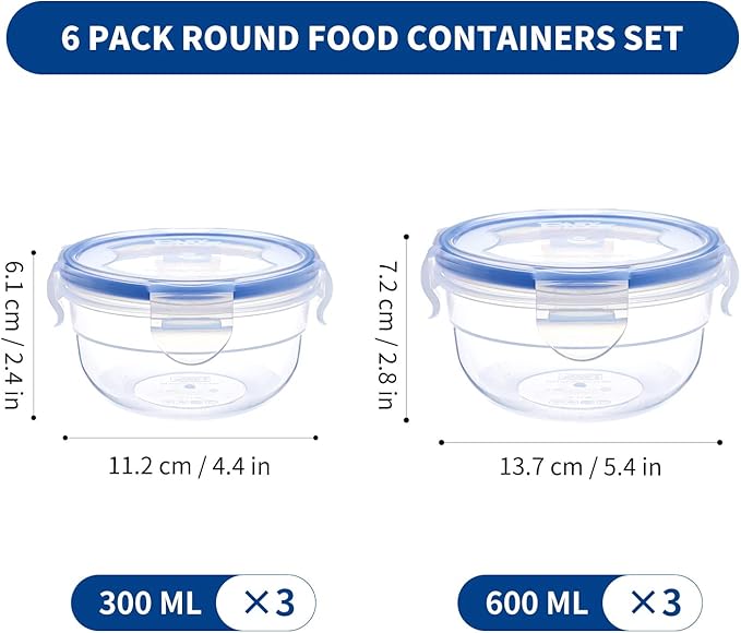 KIGI Leak-Proof Plastic Bowls, Airtight Lid, BPA Free, Ideal for Food Storage, Soup, Snack, Fruit, Meal Prep & Lunch, 4 Sided Locking Lid