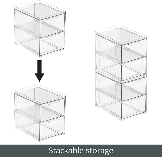 mDesign Stackable Storage Containers Box with 2 Pull-Out Drawers - Stacking Plastic Drawer Bins for Master or Guest Bathroom, Linen Closet, Vanity, Makeup Table Lumiere Collection 4 Pack, Clear