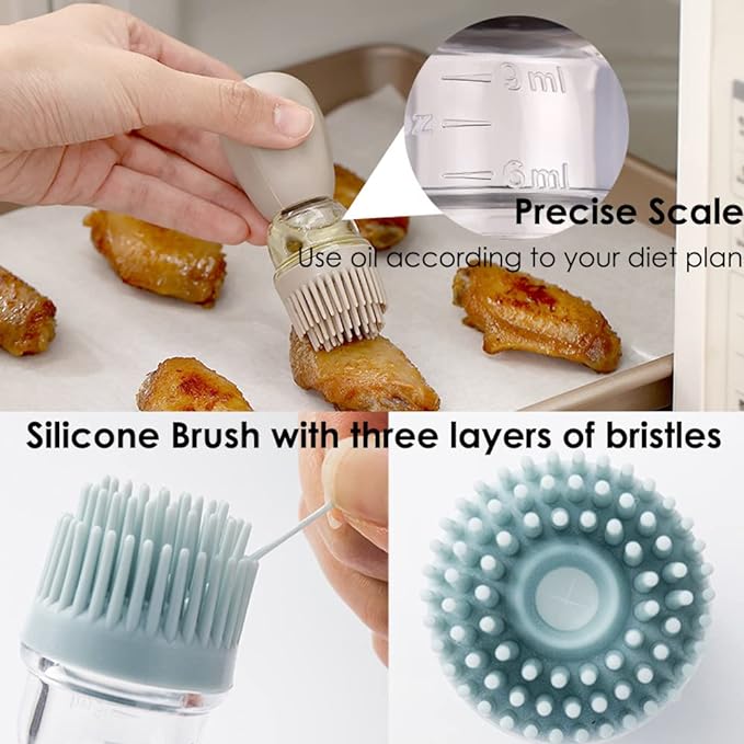 TINMIX Oil Dispenser with Brush - 2 Pack 180ml Glass Olive Oil Dispenser Bottle with Basting Brush for Cooking Frying Baking Kitchen, T-OB21 Grey