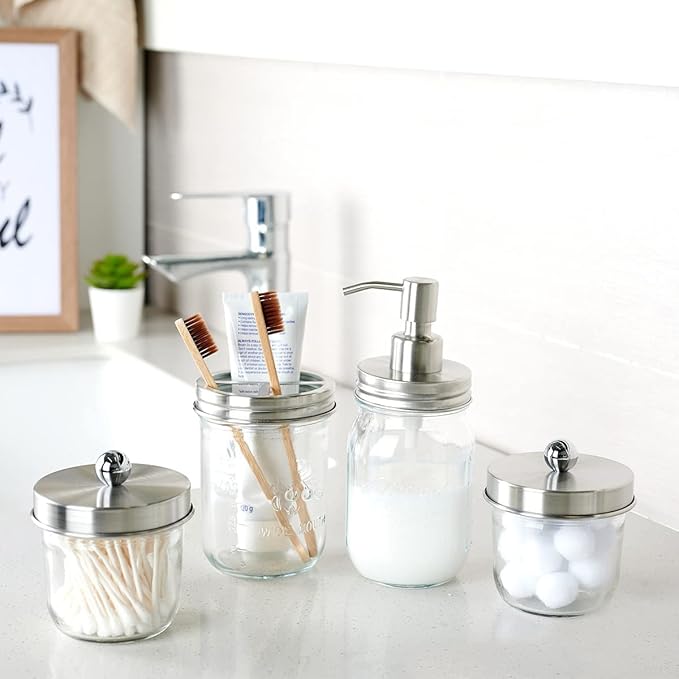 Amolliar Mason Jar Soap Dispensers, Rustproof Stainless Steel Lid &Pump, Refillable Wash Hand Soap for Bathroom,Kitchen-Ideal for Dish Soap,Liquid Soap, Lotions,Waterproof Stickers,16OZ Brushed Nickel