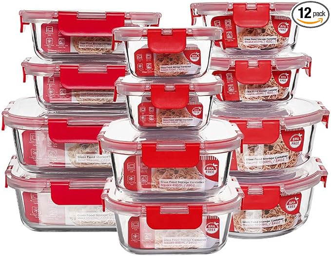 12 Pack Glass Storage Containers Transparent, Stackable Design Meal Prep Containers for Food Storage, Home, Kitchen & Pantry Organization, Microwave/Freezer/Dishwasher Safe