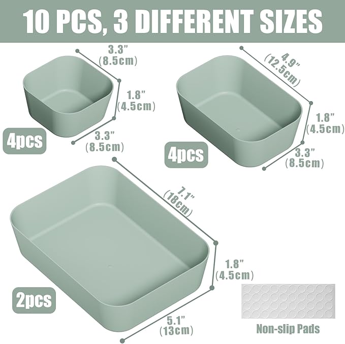 Plastic Drawer Organizers, 10 PCS Drawer Organizer Bins, Bathroom and Vanity Organizer Plastic Tray, Makeup organizer and storage for Makeup, Bedroom, Kitchen Gadgets Utensils and Office (Green)
