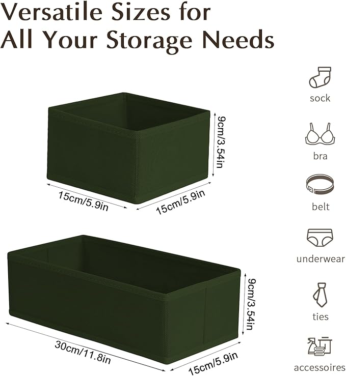 DIMJ Drawer Organizers Clothes, Set of 4 Dresser Organizer Bins, Fabric Closet Organizers and Storage, Shallow Drawer Dividers for Nursery, Clothing, Baby Clothes, Socks, Underwears, Tie (Green)