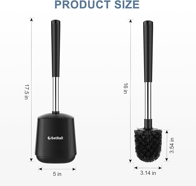 SetSail Toilet Brush and Holder, Self Closing Lid Toilet Bowl Brushes Holder and Extra Long Handle Ventilated Toilet Brush Set for Bathroom Cleaning, Nylon Bristles, Black