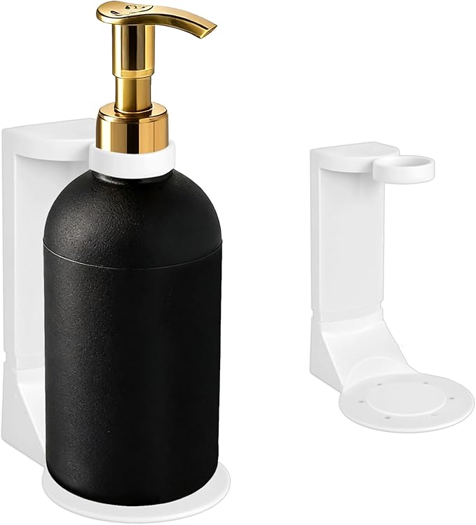 Single Bottle Wall Mount Bracket with Adhesive Pads - 11 Lbs Heavy Duty No Drill Soap Dispenser Holder for Bathroom & Kitchen - Rustproof, Floating Design for Shampoo/Lotion
