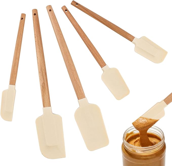 5 Pcs Silicone Spatula Set, Nonstick Rubber Spatulas with Wooden Handle, Soup Spoon Scraper, Jar Scraper for Cooking, Baking, Mixing, Frosting(COLOR:White)