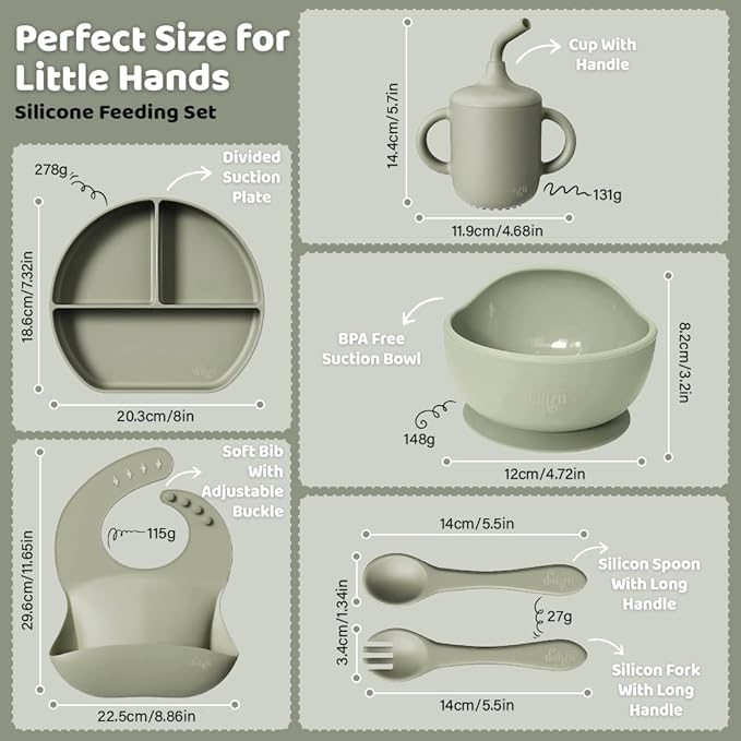 6-Piece Silicone Baby Feeding Set Non-Slip Suction Plate, Bowl, Spoon, Fork, Cup, Bib. BPA-Free, Dishwasher & Microwave Safe for Babies & Toddlers