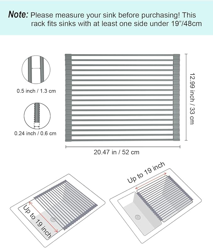 Roll Up Dish Drying Rack Over Sink, 20.47" x 12.99" Foldable Silicone Wrapped Stainless Steel Over The Sink Dish Drying Rack, Grey