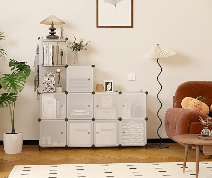 AWTATOS 12 Cube Storage Organizer, DIY Plastic Storage Shelf, Modular Storage Bookshelf, Stackable Storage Shelving Rack for Home Office, Translucent ULPZ011