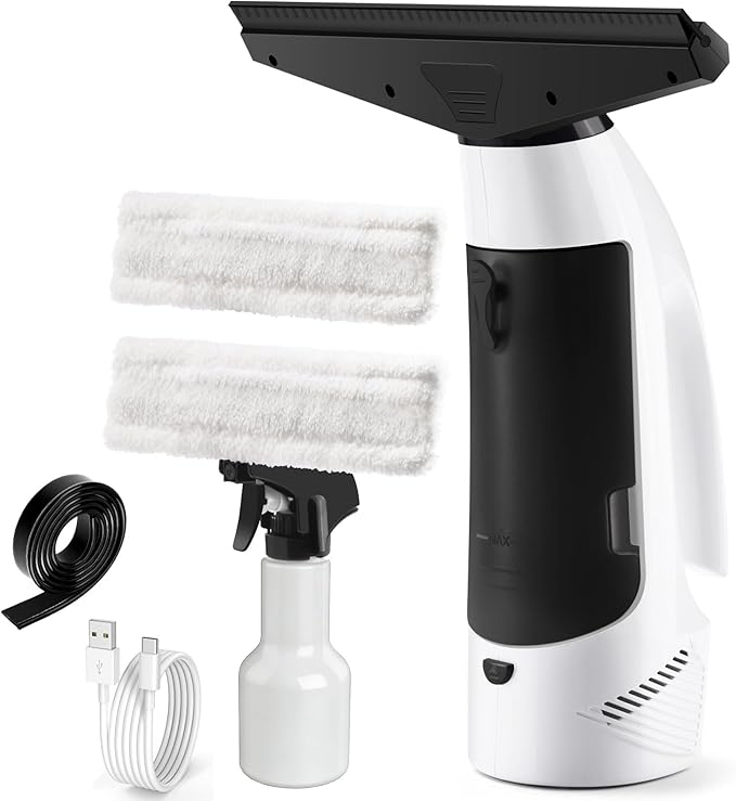 Window Vacuum Squeegee Cordless, Handheld Window Vac with Multi-Purpose Spray Bottle & Microfiber Cloth, Electric Cleaning Tool for Windows, Tiles