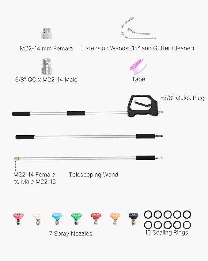 VEVOR 9 FT Pressure Washer Telescoping Wand, 3-Section with Power Washer Extension Wands, 7 Nozzles, Hose Adapter, Support Belt, Storage Bag