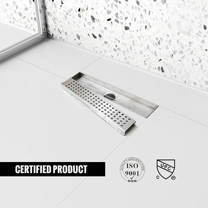 Linear Shower Drain, 12 inch Drain with Removable Grate Cover, Brushed 304 Stainless Steel Shower Floor Drain