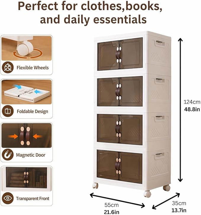 4 Tier Stackable Storage Bins with Lids, Total 199QT (4×49QT) Foldable Closet Organizer with Wheels, Collapsible Plastic Storage Boxes for Clothes, Toys, Kitchen, Office, and Dorm Room