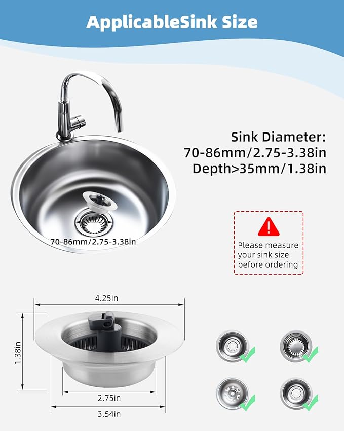 Universal 3 in 1 Kitchen Sink Drain Strainer Stopper Combo, Stainless Steel Shell Pop Up Sink Stopper for US Standard 3-1/2 inch Drain Filter