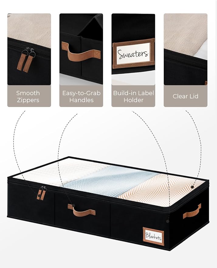 StorageWorks Extra Large Under Bed Storage Containers with Handles and Label Holder, 2 Pack Ultra-thick Fabric Underbed Bins