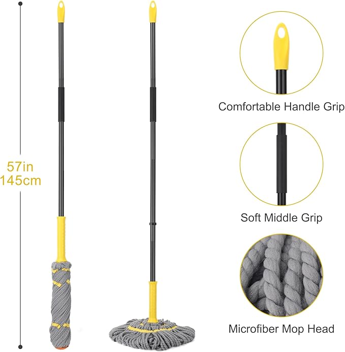 Self-Wringing Twist Mops for Floor Cleaning, Microfiber Floor mop with 57 " Long Handle, Easy Wringing Mop for Hardwood Commercial Household Clean (Gray Twist Mop)