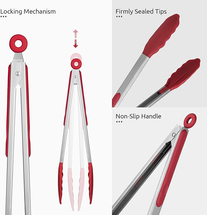 600ºF Heat Resistant Kitchen Tongs: U-Taste 9+12 inch Silicone Cooking Tong Set with Firm Sealed Non Stick Rubber Tips and Silicon Coated 18/8 Stainless Steel Handle for Serving Grilling Salad(Red)