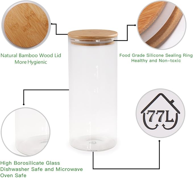 Glass Coffee Bean Container, 52.36 FL OZ (1550 ML), [Thickened Version] 77L Glass Food Storage Jar with Airtight Seal Bamboo Lid - Clear Food Storage Canister for Serving Tea, Coffee, Spice and More