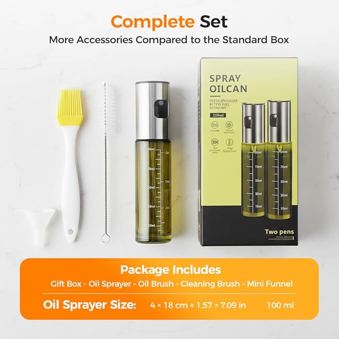 Oil Sprayer for Cooking,Olive Oil Sprayer,3.38 Oz/100ml,Press Oil Spray Pot with Scales,304 Stainless Steel Glass Oil Spray Bottle for Salad, Baking, BBQ, Air Fryer Accessories (1 Bottle with tools)