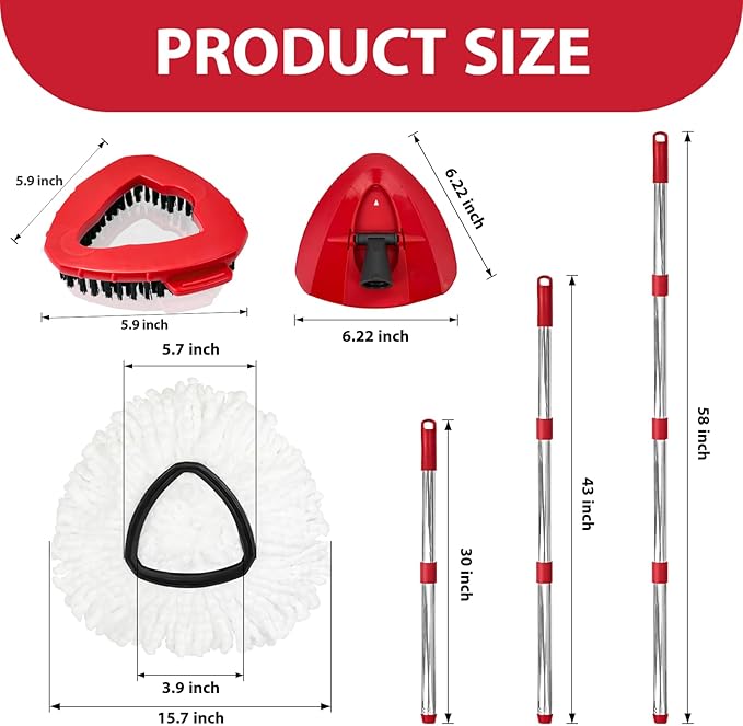 Spin Mop Replacement Set for O-Ceda EasyWring 1-Tank System, Includes 2 Mop Head Replacement, 1 Mop Handle (30-58in Adjustable 4-Section Pole), 1 Scrubber Head, 1 Spin Base