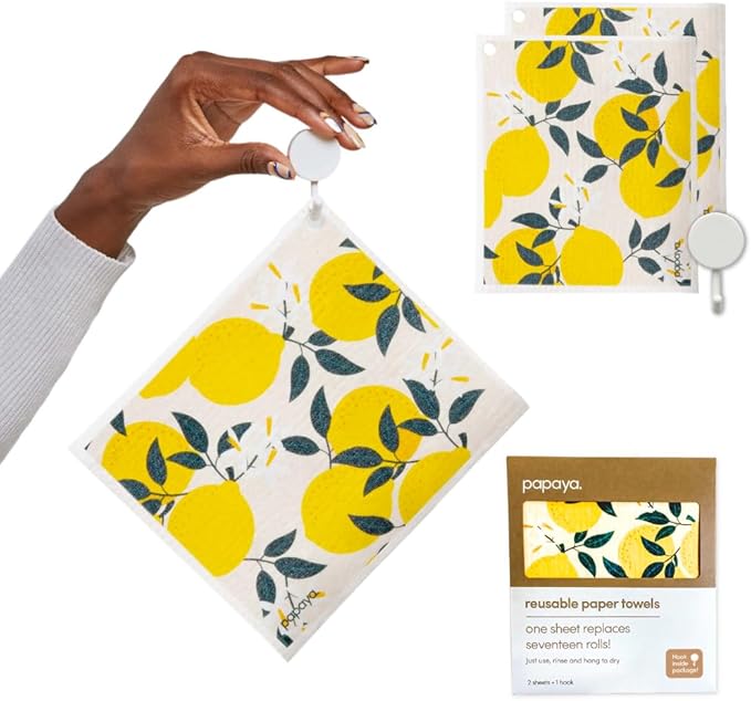 Papaya Reusable Paper Towels, Premium Swedish Dishcloths with Hook, Non-Scratch Reusable Paper Towel, 1 Sheet Replaces 17 Rolls - 2 Sheets, 1 Hook