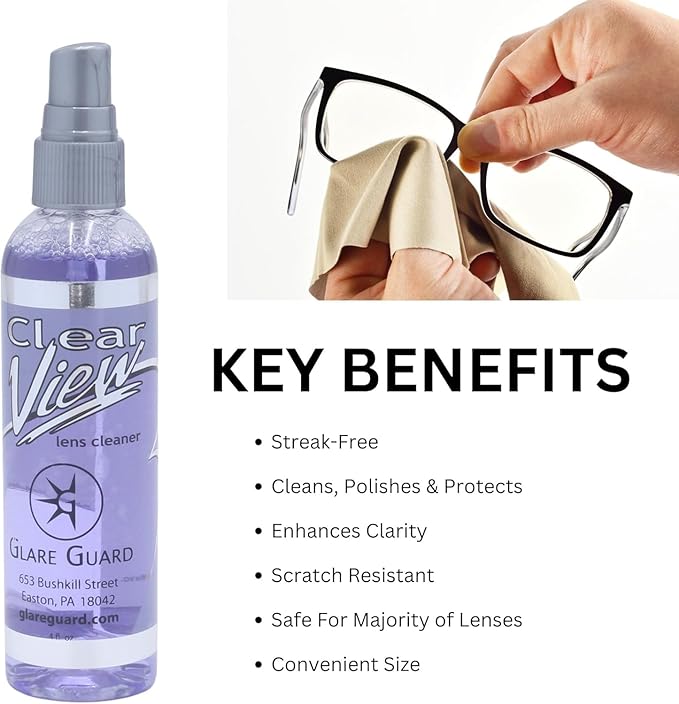 Glare Guard Clear View Lens Cleaner w/Microfiber Cleaning Cloth,Anti-Streak Glasses Cleaner Spray,Pro-Grade Eyeglass & Sunglass Cleaner