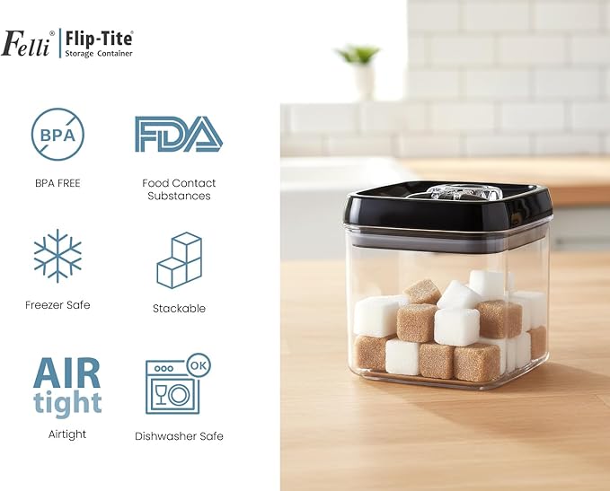 Felli Flip Tite Food Storage Container 5" LARGE Size Airtight Lid Lock Top, Stackable Kitchen Canister for Space Saving