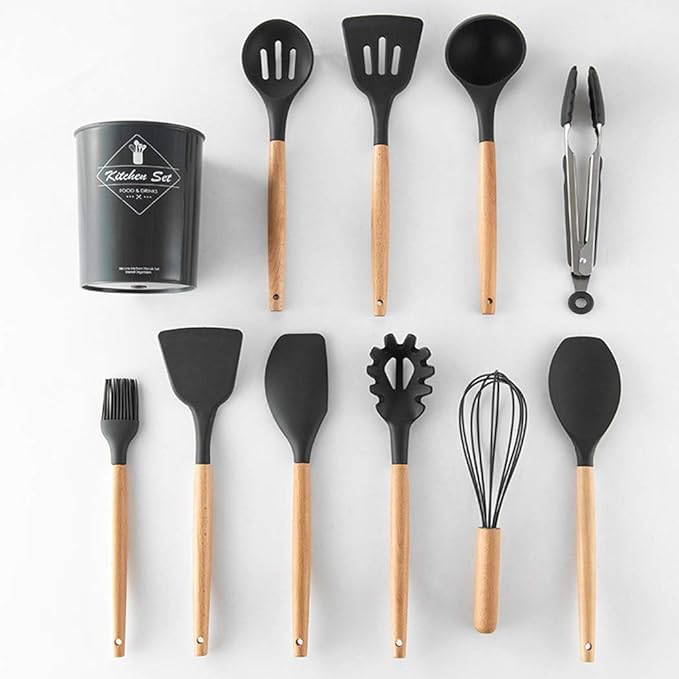 17PCS Silicone Utensils Set with Wooden Handle Heat Resistant Cookware Utensils Kit Easy To Clean Kitchenware Kitchen Tools for Non-Stick Cookware - Gray
