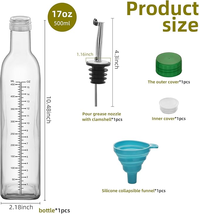 1 Pc 17oz Olive Oil Dispenser Bottle,500ml Glass Oil and Vinegar Dispenser Set with 1 Stainless Steel Pourers,Funnel Oil Bottles for Kitchen (Clear Scale)