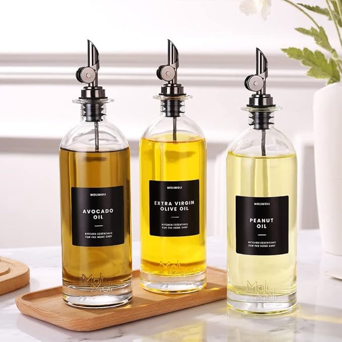 Molimoli Oil and Vinegar Dispenser with Metal Pour Spout, Weighted Pourer, Glass Bottle Dispenser for Kitchen, Olive Oil Cruet, Glass Olive Oil Bottle | 500ml, Set of 2