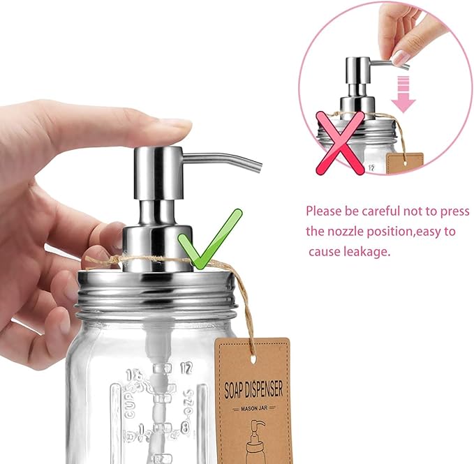 Amolliar Mason Jar Soap Dispensers, Rustproof Stainless Steel Lid &Pump, Refillable Wash Hand Soap for Bathroom,Kitchen-Ideal for Dish Soap,Liquid Soap, Lotions,Waterproof Stickers,16OZ Brushed Nickel
