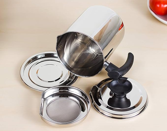 18/8 Stainless Steel Oil Storage Grease Keeper, Grease Strainer Pot Grease Container with Mesh Strainer (2.0 L)