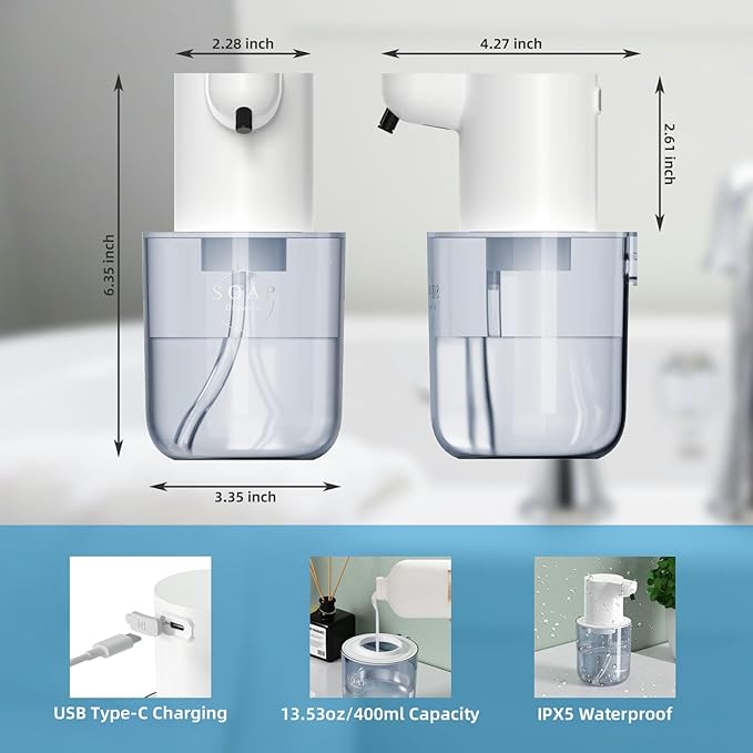 Automatic Foaming Soap Dispenser Touchless Rechargeable 13.53oz/400ml with Wall Mount and 4-Level Adjustable Electric Foam Soap Dispenser, Hand, Hands Free, Bathroom, Kitchen (White)